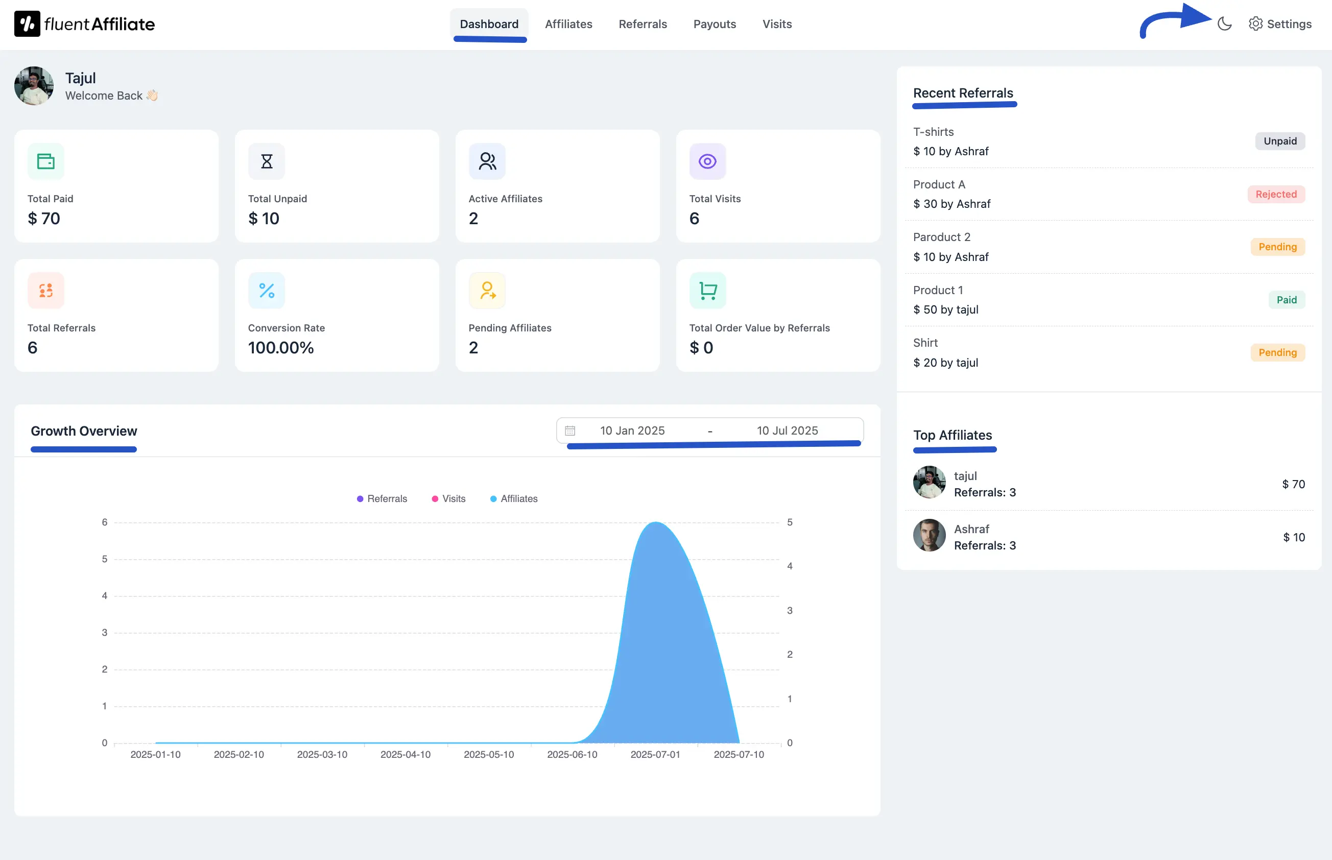 Admin Dashboard Overview in FluentAffiliate