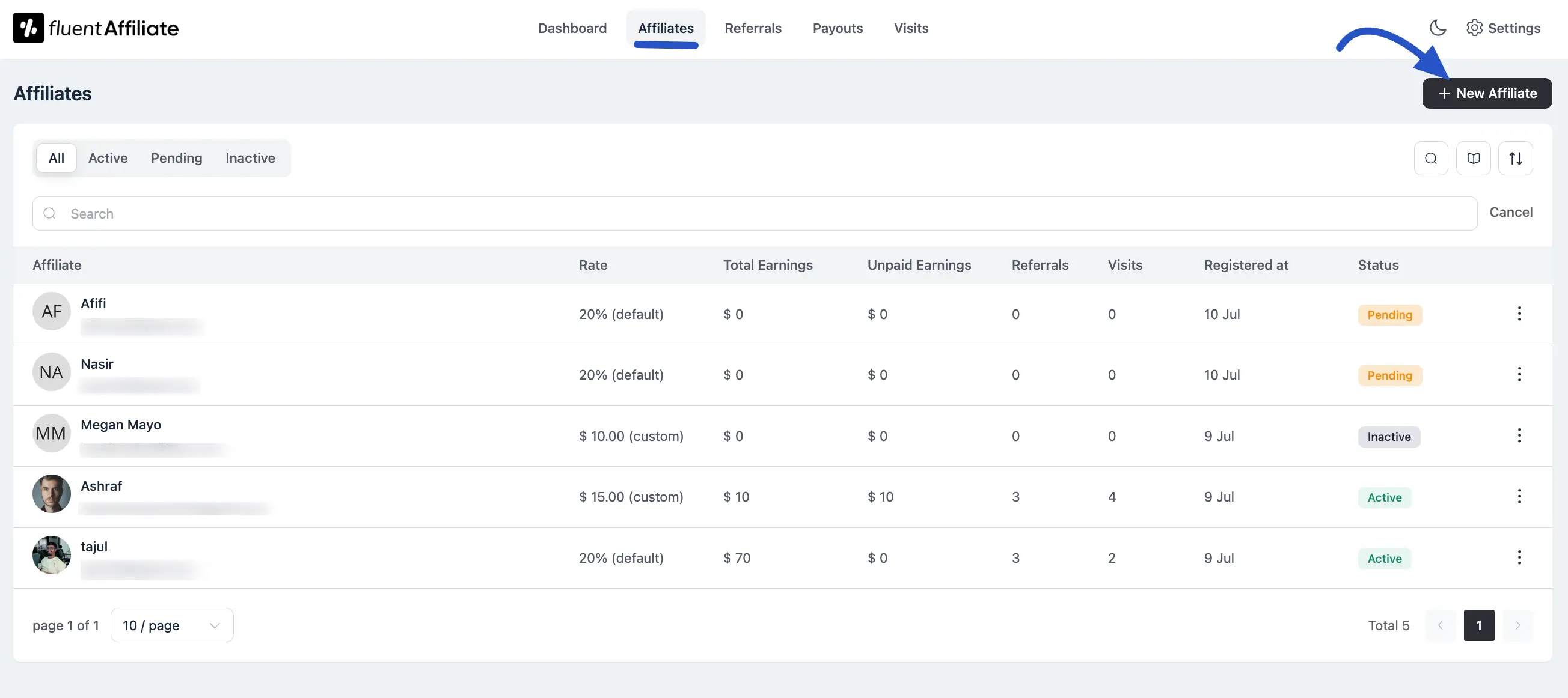 Add New Affiliate Button
