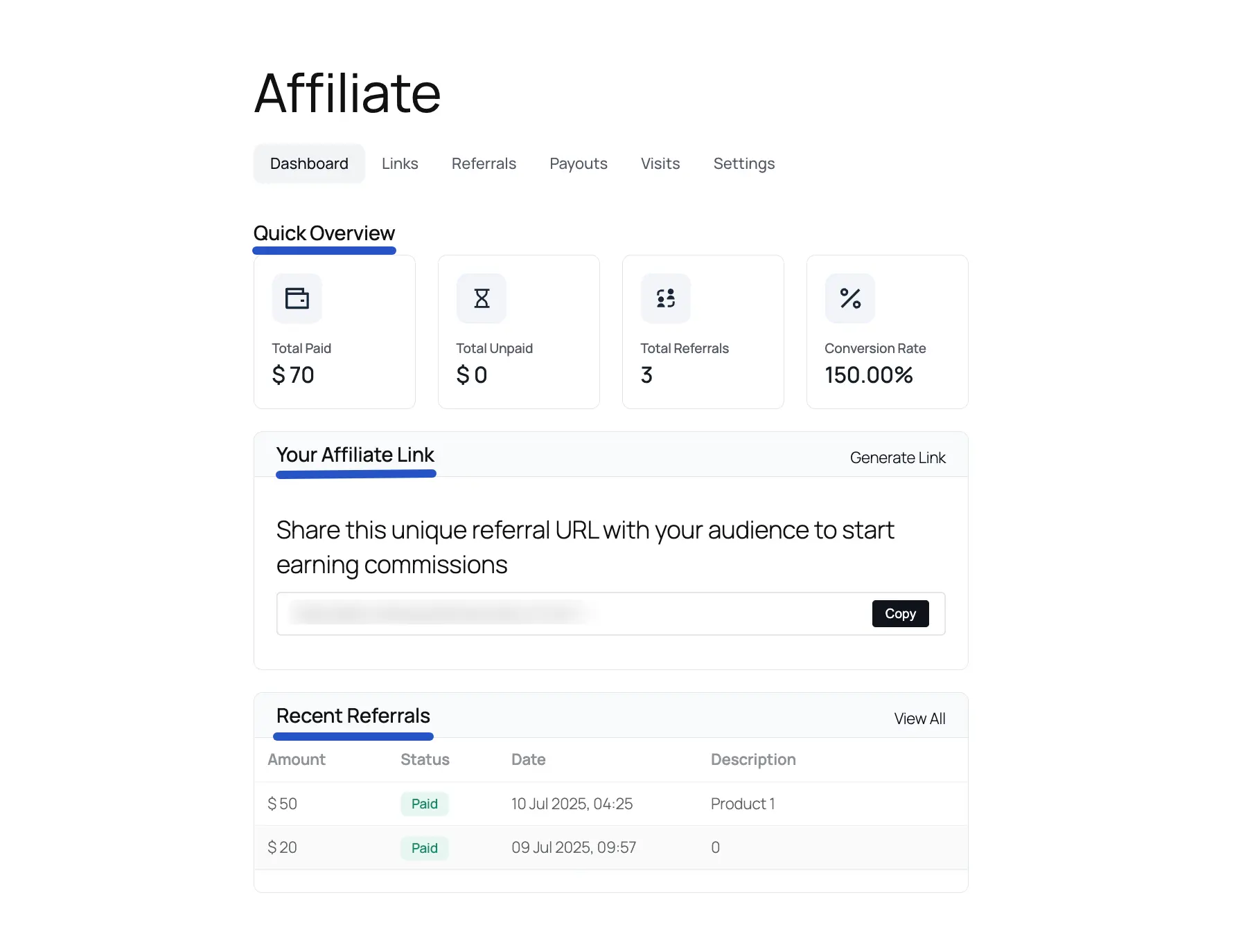 Affiliate Dashboard Overview