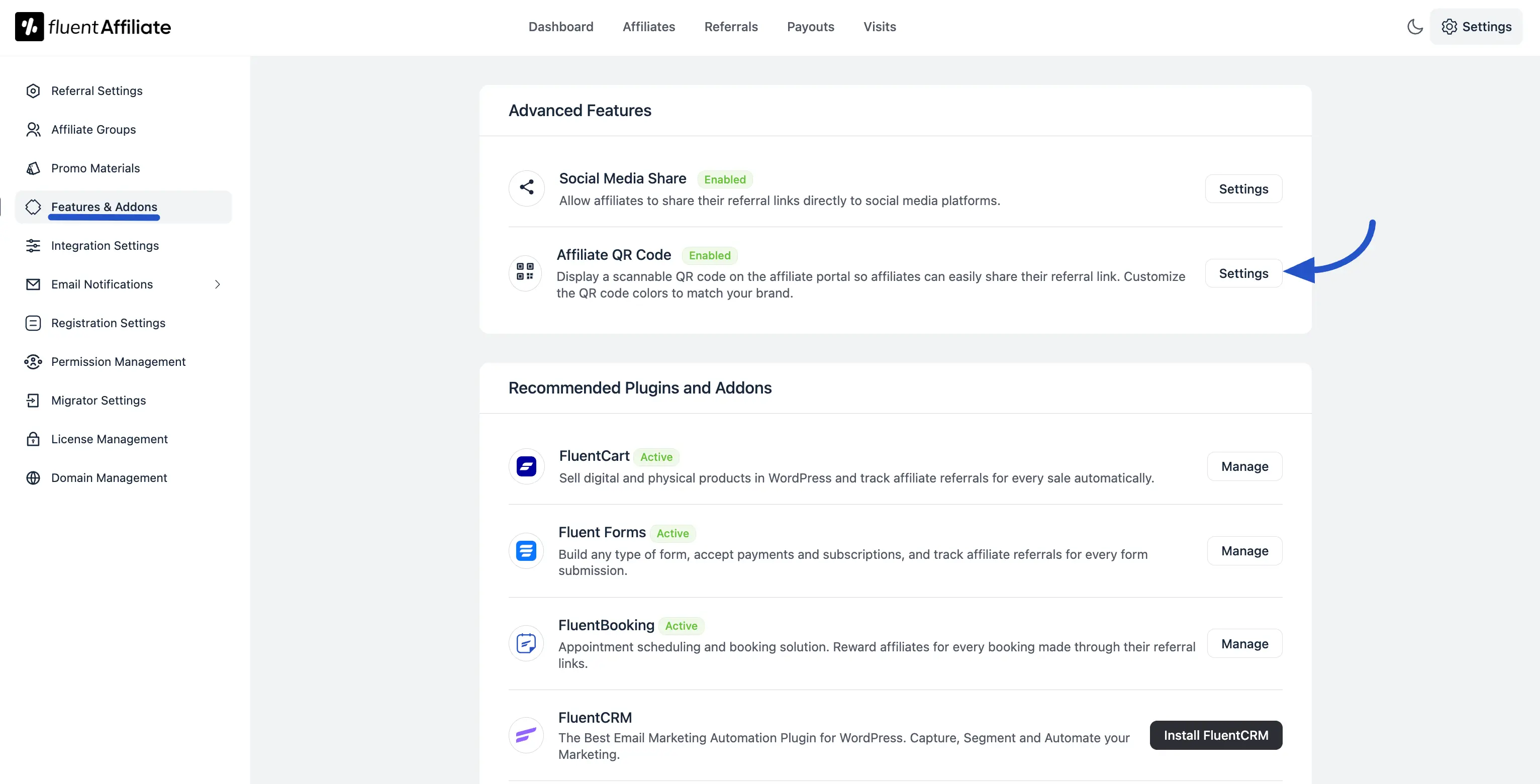 Affiliate QR Code settings