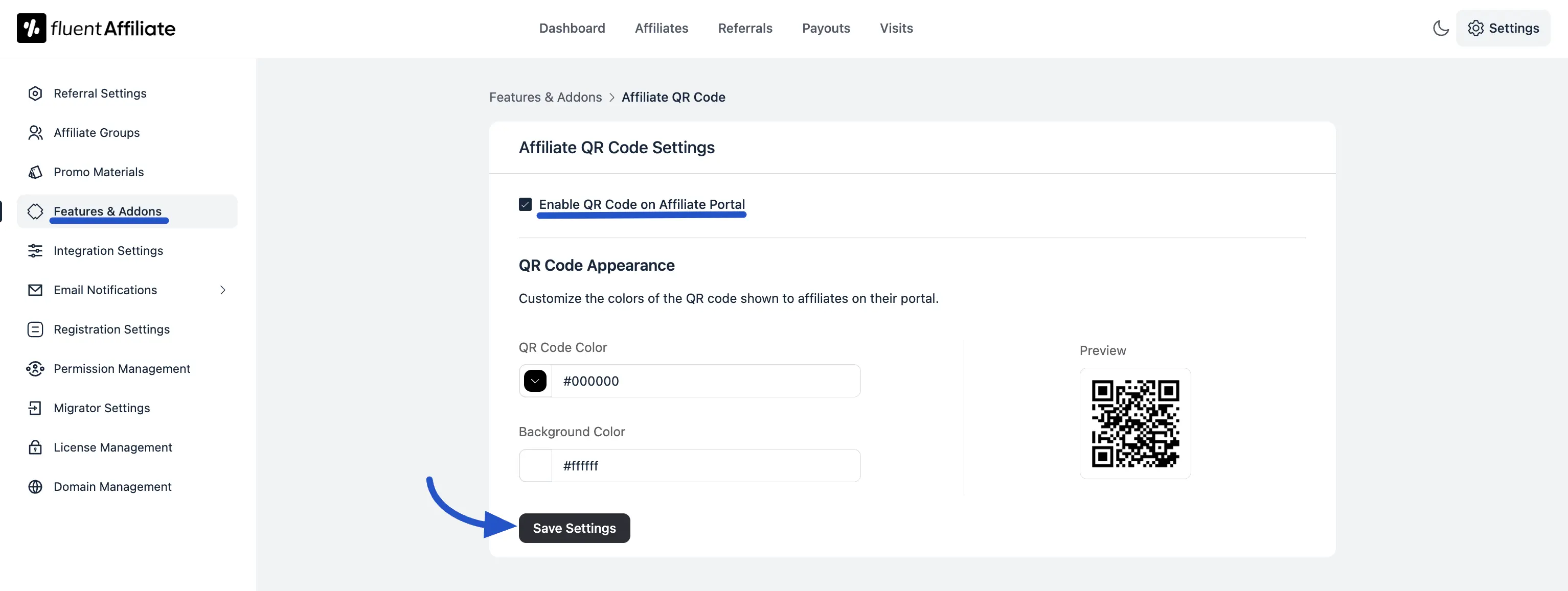 Affiliate QR Code appearance settings