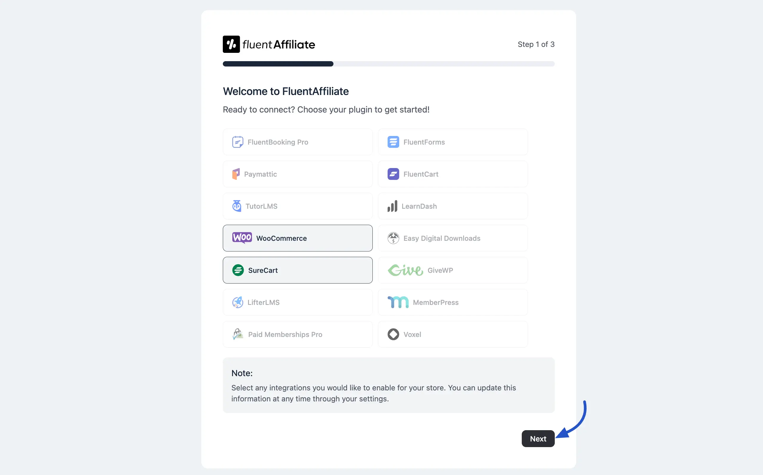 Connecting integration plugins during FluentAffiliate onboarding