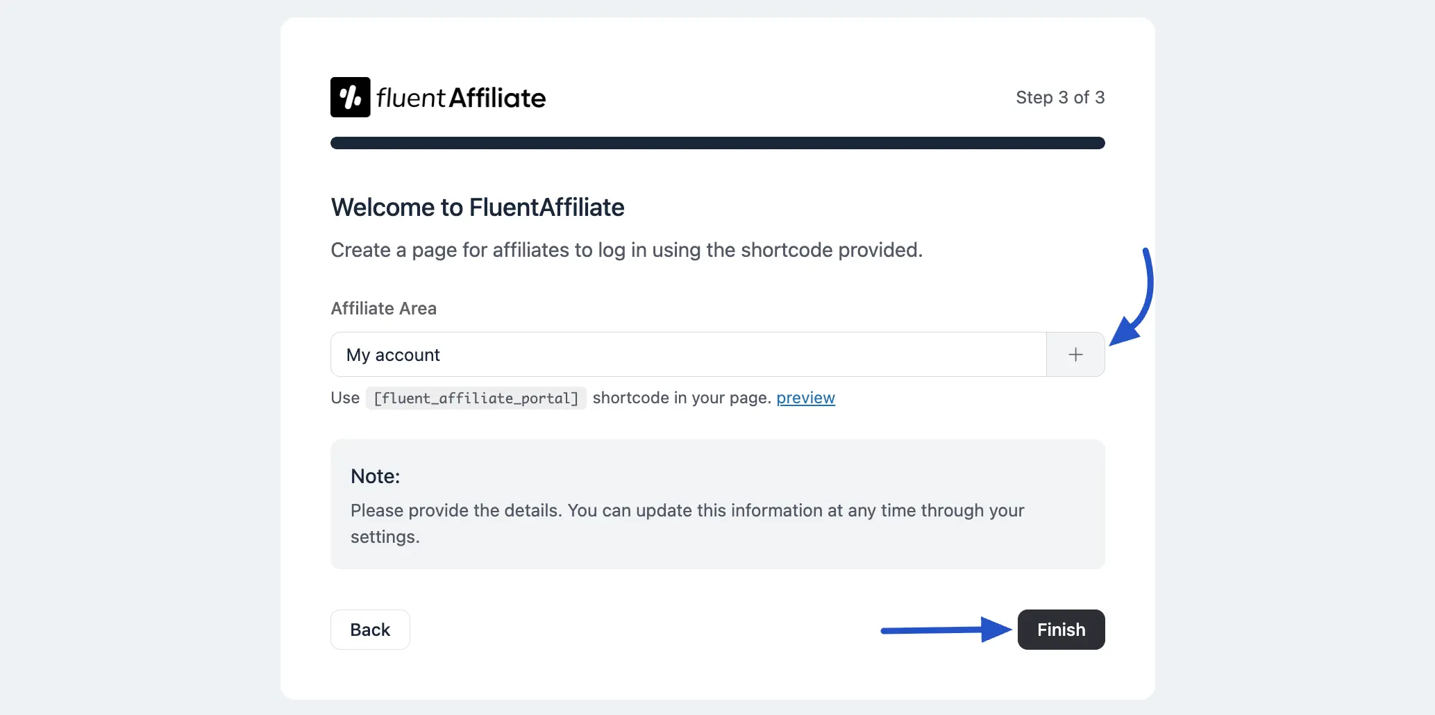 Creating the Affiliate Portal page during onboarding
