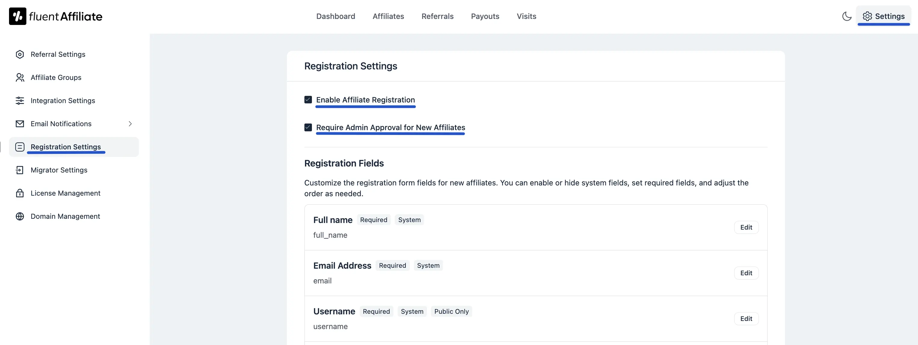 Registration Settings